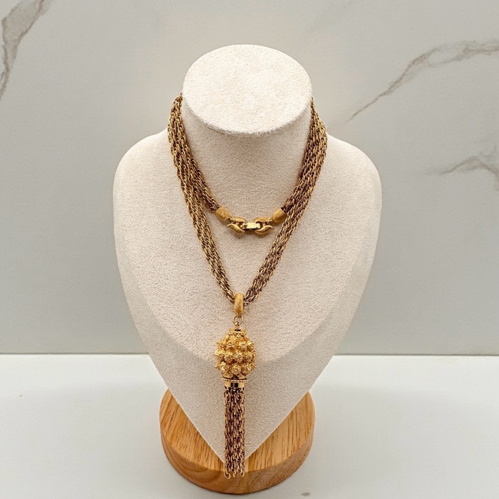Vintage Monet Gold Tone Multi-Layer Rope Chain Tassel Necklace